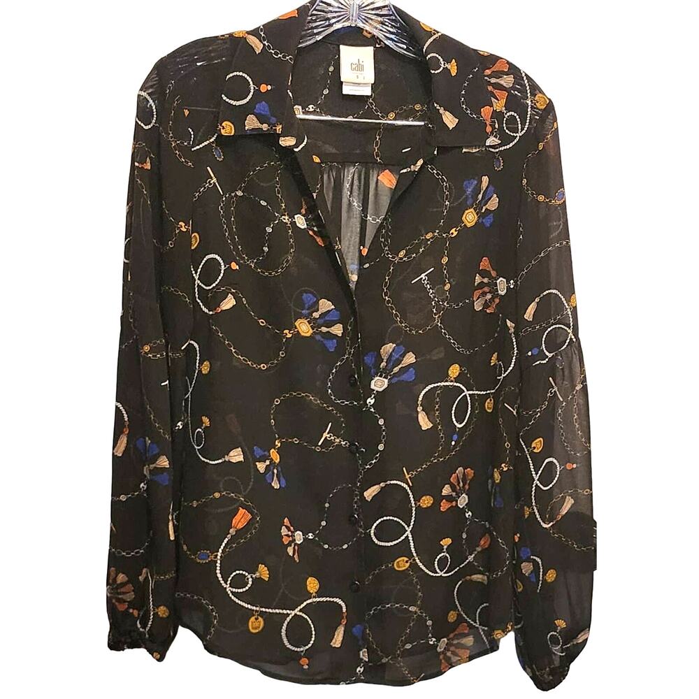 Cabi Sheer Black Long Sleeve Baggy Flowy Artsy Button Down Blouse Size Small